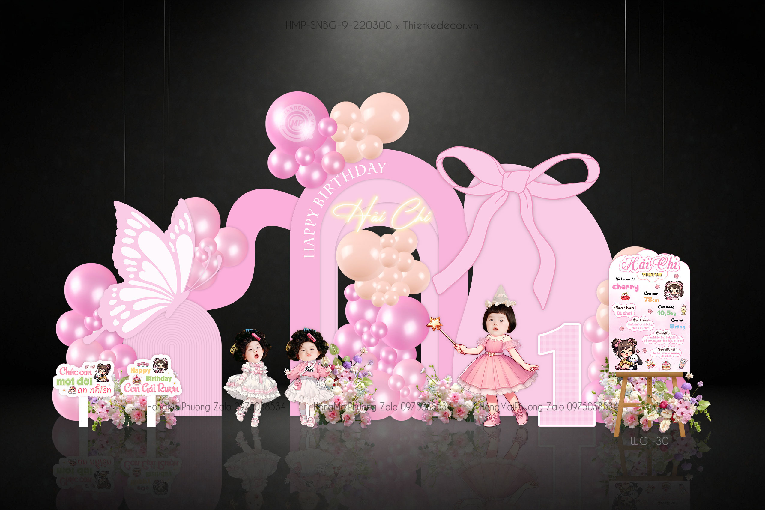 Sinh nhật bé gái tone hồng gắn nơ